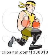 Cartoon Male Asian Crossfit Athlete Running With Kettlebells