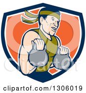 Poster, Art Print Of Cartoon Male Asian Crossfit Athlete Working Out With Kettlebells In A Blue White And Orange Shield