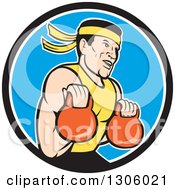 Cartoon Male Asian Crossfit Athlete Working Out With Kettlebells In A Black White And Blue Circle
