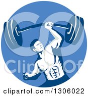Retro Strongman Bodybuilder Lifting A Barbell One Handed In A Blue Circle