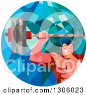 Retro Low Poly Geometric White Bodybuilder Lifting A Barbell Over His Head In A Circle