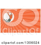 Clipart Of A Retro Strong Male Athlete Doing Pull Ups On A Bar And Orange Rays Background Or Business Card Design Royalty Free Illustration