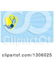 Clipart Of A Retro Strong Male Athlete Doing Pull Ups On A Bar And Blue Rays Background Or Business Card Design Royalty Free Illustration