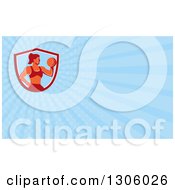 Clipart Of A Retro Muscular Fit Woman Working Out With A Dumbbell And Doing Bicep Curls And Light Blue Rays Background Or Business Card Design Royalty Free Illustration