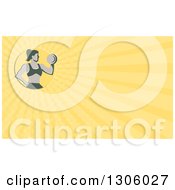 Retro Muscular Fit Woman Working Out With A Dumbbell And Doing Bicep Curls And Yellow Rays Background Or Business Card Design