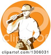Poster, Art Print Of Retro Stencil Styled Construction Worker Builder Carrying A Spirit Level On His Shoulder In An Orange Circle