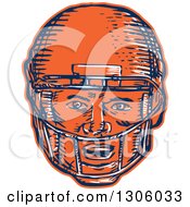 Poster, Art Print Of Sketched Or Engraved Blue White And Orange American Football Player Head In A Helmet