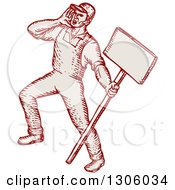 Sketched Or Engraved Shouting Union Worker Holding A Sign