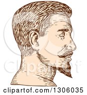 Poster, Art Print Of Sketched Or Engraved Brown And Tan Profiled Mans Face With A Goatee