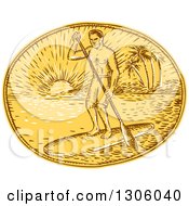 Clipart Of A Sketched Or Engraved Man Paddle Boarding Against A Tropical Island And Sunset In An Oval Royalty Free Vector Illustration by patrimonio