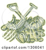 Poster, Art Print Of Sketched Or Engraved Crossed Spade And Pitchfork Over Green Harvest Produce