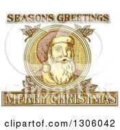 Clipart Of An Engraved Santa Claus Face With Seasons Greetings Merry Christmas Text And Holly Royalty Free Vector Illustration