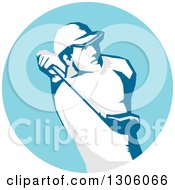 Poster, Art Print Of Stencil Styled Male Golfer Swinging In A Blue Circle