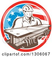 Poster, Art Print Of Retro Male Construction Worker Carrying An I Beam And Emerging From An American Flag Circle