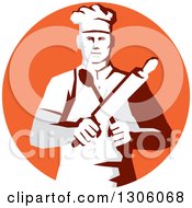 Poster, Art Print Of Retro Stencil Styled Cook Holding A Spoon And Rolling Pin In An Orange Circle