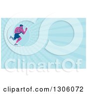 Poster, Art Print Of Retro Purple Male Rugby Player Running And Fending In A Blue Circle And Blue Rays Background Or Business Card Design