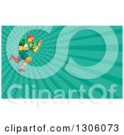 Clipart Of A Retro Low Poly Rugby Player Running And Turquoise Rays Background Or Business Card Design Royalty Free Illustration