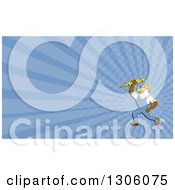 Poster, Art Print Of Retro Cartoon Electrician Bald Eagle Holding A Bolt And Blue Rays Background Or Business Card Design