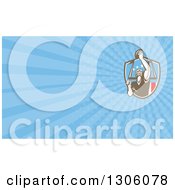 Clipart Of A Retro American Football Player Scoring A Touchdown And Blue Rays Background Or Business Card Design Royalty Free Illustration