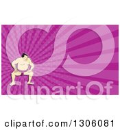 Poster, Art Print Of Cartoon Crouching Sumo Wrestler And Purple Rays Background Or Business Card Design