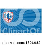 Clipart Of A Retro Male Marathon Runner Ahead Of Others Over An American Shield And Dark Blue Rays Background Or Business Card Design Royalty Free Illustration