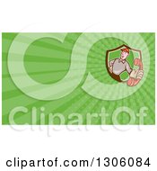 Poster, Art Print Of Cartoon White Telephone Repair Man Holding Out A Red Receiver And Green Rays Background Or Business Card Design
