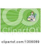 Retro Caucasian Male Construction Or Builder Worker With Folded Arms And A Wrench And Green Rays Background Or Business Card Design