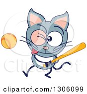 Poster, Art Print Of Cartoon Gray Cat Character Swinging A Baseball Bat