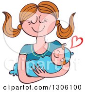 Poster, Art Print Of Cartoon Happy Caucasian Mother Lovingly Holding Her Baby Boy With A Heart