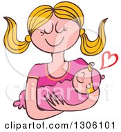 Poster, Art Print Of Cartoon Happy Blond Caucasian Mother Lovingly Holding Her Baby Girl With A Heart