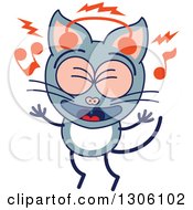 Poster, Art Print Of Cartoon Gray Cat Character Singing And Listening To Music With Headphones