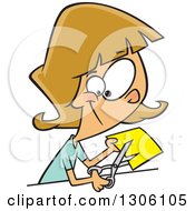 Cartoon Happy Dirty Blond White Girl Or Woman Cutting A Piece Of Yellow Paper