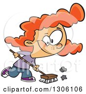 Clipart Of A Cartoon Red Haired White Girl Using A Shop Broom Royalty Free Vector Illustration by toonaday