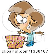 Poster, Art Print Of Cartoon Excited Brunette White Girl Wrapping A Gift