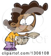 Clipart Of A Cartoon Happy Black Girl Opening A Box Royalty Free Vector Illustration