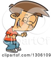 Clipart Of A Cartoon Brunette White Boy Clutching His Tummy And Laughing Royalty Free Vector Illustration