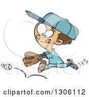 Poster, Art Print Of Cartoon Brunette White Boy Chasing A Bouncing Baseball