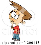 Cartoon Brunette White Boy Touching His Face And Thinking