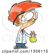 Cartoon Smart Red Haired White Boy Holding A Flask In A Science Lab