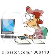 Cartoon White Female Accountant Working Hard At Her Desk