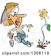 Poster, Art Print Of Cartoon Flower Springing Up And Scaring A Dirty Blond White Woman In A Garden