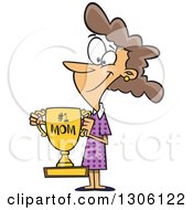 Clipart Of A Cartoon Happy Brunette White Mom Holding A Trophy Royalty Free Vector Illustration