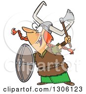Clipart Of A Cartoon Excited Red Haired White Female Viking Ready For Battle Royalty Free Vector Illustration