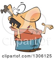 Clipart Of A Cartoon Confused Shrugging White Man Talking On A Smart Cell Phone Royalty Free Vector Illustration