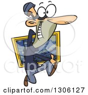 Clipart Of A Cartoon Hasty Grinning White Male Burglar Carrying A Van Gogh Painting Royalty Free Vector Illustration