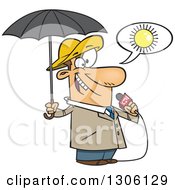 Poster, Art Print Of Cartoon White Weather Man Lying About Sunny Weather But Ready For Rain