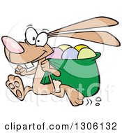 Cartoon Happy Running Brown Bunny Rabbit With A Sack Of Eggs