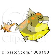 Poster, Art Print Of Cartoon Unamused Big Green Fish Looking Back At An Optimistic Orange Fish Trying To Attack