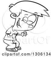 Cartoon Black And White Boy Clutching His Tummy And Laughing