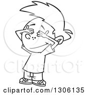 Lineart Clipart Of A Cartoon Black And White Boy Covering His Eyes Royalty Free Outline Vector Illustration